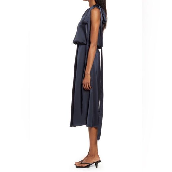 NWOT AMYLYNN One Shoulder  Satin Navy Blue Dress Women Size Medium - Picture 2 of 14
